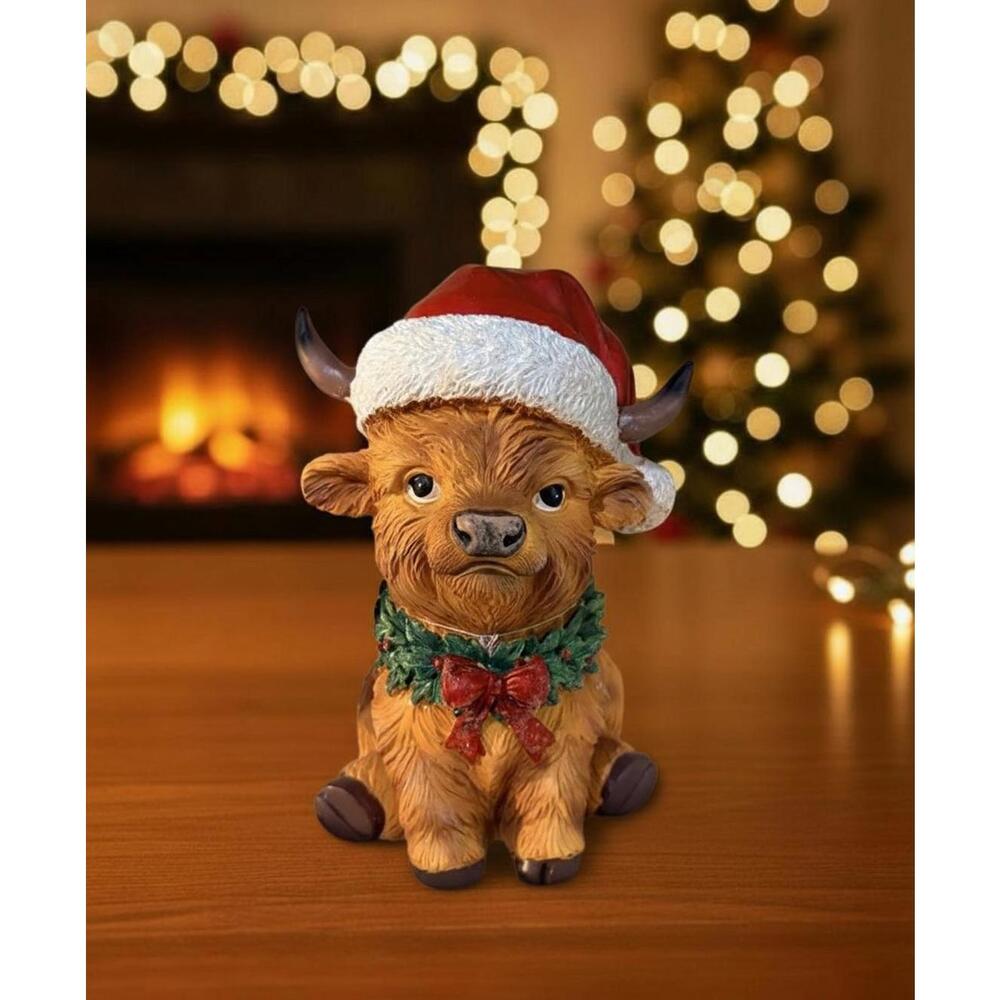Christmas Highland Cow Figurine with Santa Hat and Wreath